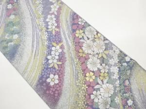 流水に花々模様織出し袋帯